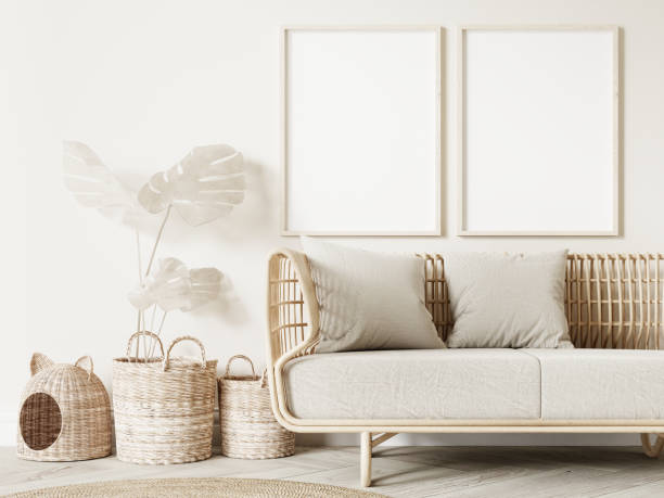 istock Frame and poster mockup in Boho style interior. 3d rendering, 3d illustration 1453592242