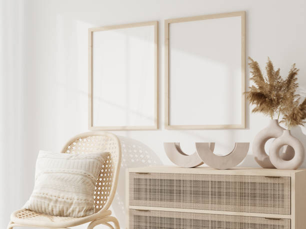 istock Frame and poster mockup in Boho style interior. 3d rendering, 3d illustration 1453592283