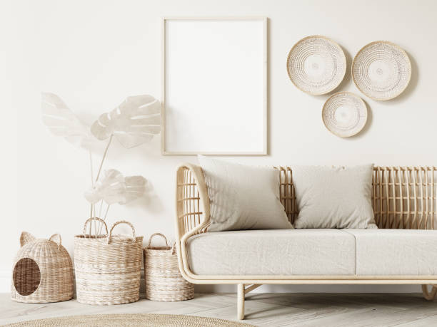 istock Frame and poster mockup in Boho style interior. 3d rendering, 3d illustration 1453592284