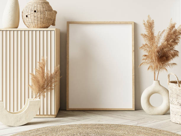 istock Frame and poster mockup in Boho style interior. 3d rendering, 3d illustration 1453592294
