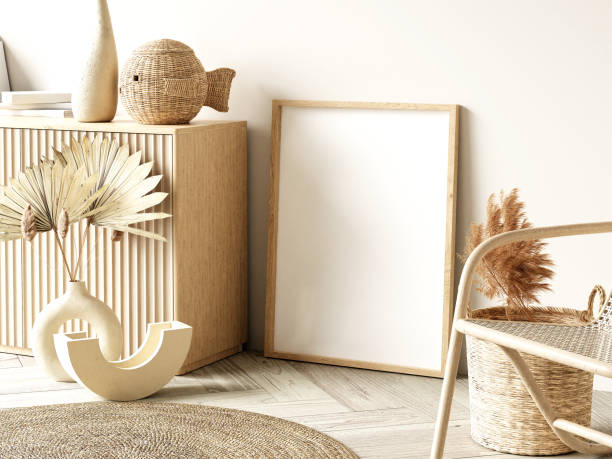 istock Frame and poster mockup in Boho style interior. 3d rendering, 3d illustration 1453592303