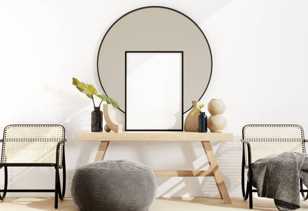 istock Frame and poster mockup in Boho style interior. 3d rendering, 3d illustration 1453592304