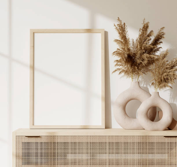 Frame and poster mockup in Boho style interior. 3d rendering, 3d illustration
