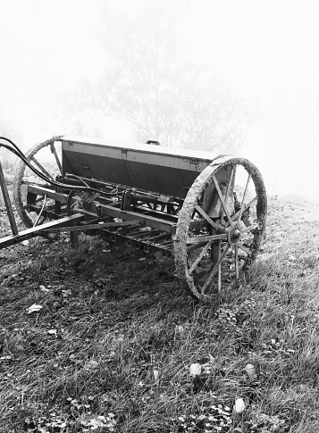 View of agricultural plow, black and white