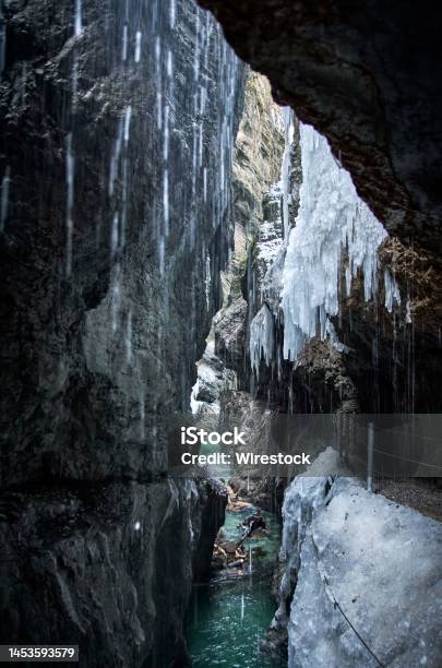 Partnacklamm Gorge In Garmischpartenkirchen Germany With Ice Hanging From The Edge Of Cliffs Stock Photo - Download Image Now