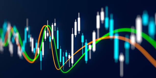 Stock exchange chart with lines moves up and down. Close-up stock market candle stick chart with moving averages. Business, trading, investment and banking concept. shareholders meeting stock illustrations