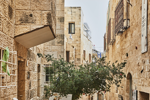 Ancient Alley in Jewish Quarter, Jerusalem. Israel. Photo in old color image style.