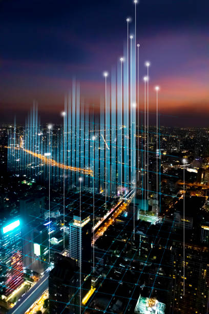 미래 기술 및 통신 인터넷 개념의 추상적인 배경, 미래의 5g 연결. 5g를 위한 인터넷 개념. - skyscraper built structure cloud futuristic 뉴스 사진 이미지