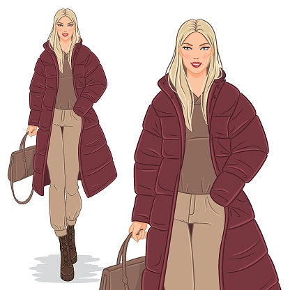 Vector fashion illustration of a beautiful, young, blond, smiling woman in a winter outfit.
A fashion model walking in a stylish down jacket, isolated on white background.
