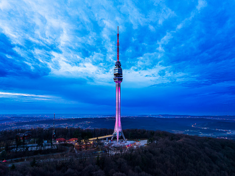 Television tower on Avala mountain at the night,Drone PHOTOGRAPHY.
