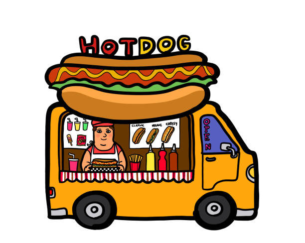 Street food truck hot dog. Illustration cartoon drawing. A street food truck with a person selling take away hot dog. Outdoor food and drink concept. hot dog stand stock illustrations