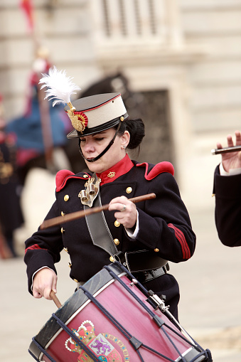 woman of the royal guard with drum on January 19 in Madrid Spain