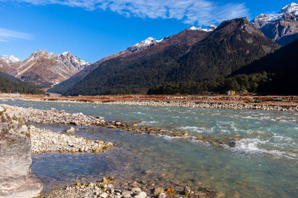 istock Mountain Valley with blue water stream and lush green forest. 1453606015