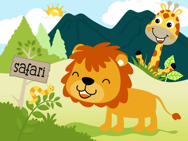 숲에서 재미 있는 동물 만화입니다. 사자, 애벌레와 기린 - zoo young animal africa group of animals stock illustrations