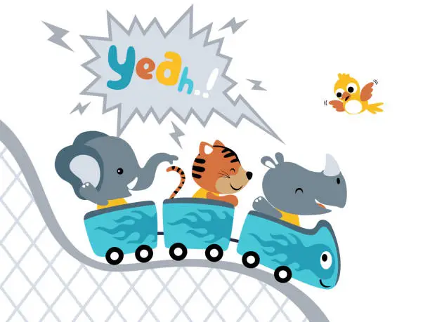 Vector illustration of Funny animals cartoon on rollercoaster with little bird