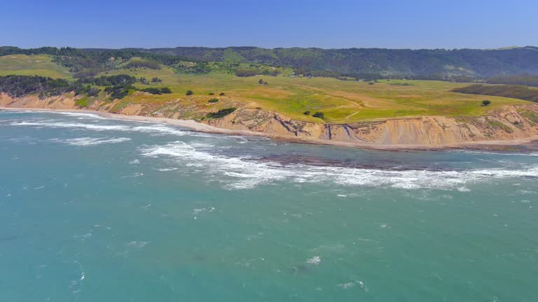 Aerial View Of Waves Crashing On Bolinas Point Near The RCA Beach In Bolinas, California, USA.