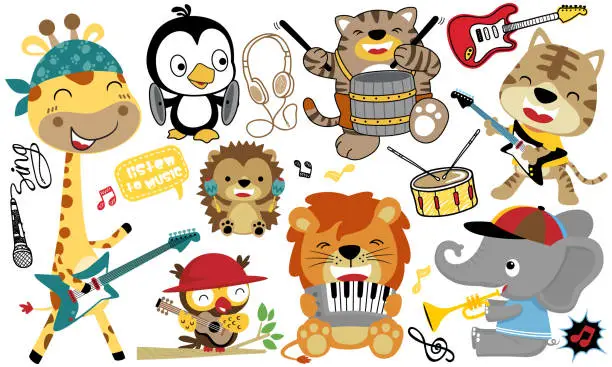 Vector illustration of Vector set of cute animals cartoon playing music instruments