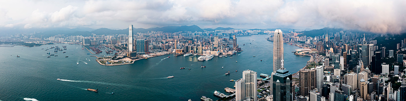 Aerial view of the city with the districts of Tsim Sha Tsui, Tai Ping Shan, Central