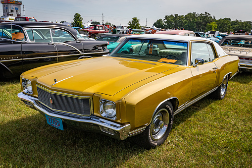 Montreal, California, USA - July 28th, 2018: Vintage stylish car expo in a town square in the center, attracting tourists and car lovers