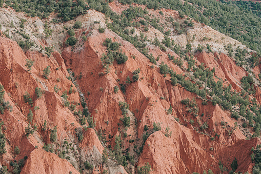 Palo Duro Canyon State Park, Texas, USA: eroded cliff side - Geologic time periods marked by major changes in the fossil record - rock strata covering the Permian age, Triassic age, Miocene-Pliocene age and at the top the Quaternary age - this cliff includes the Permian-Triassic (P-T) extinction boundary, colloquially known as the Great Dying, that took place about 248 million years ago. The extinction was caused by climate change. The main cause of extinction was the vast amount of carbon dioxide emitted by volcanic eruptions that created the Siberian Traps, which elevated global temperatures and acidified the oceans. Geological time scale, part of the Caprock Escarpment - Texas Panhandle.