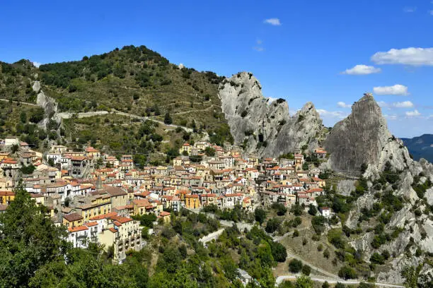 A distant view of historical buildings in Basilicata region, Castelmezzano, Italy