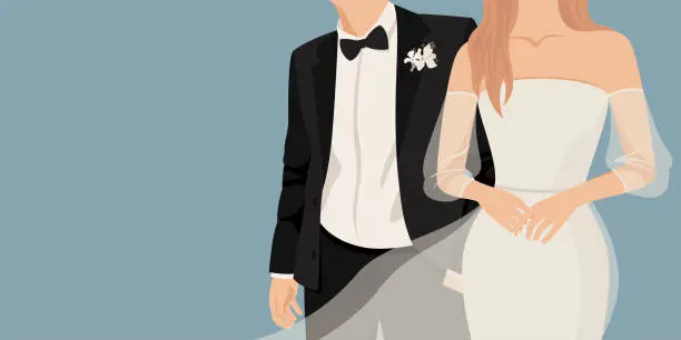 Vector illustration of Newlyweds, bride and groom. Wedding design for invitation, web banner, postcard, wedding salon. Vector abstract illustration