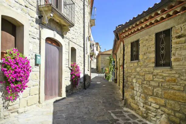A view of narrow streets and historical buildings in Basilicata region, Castelmezzano, Italy