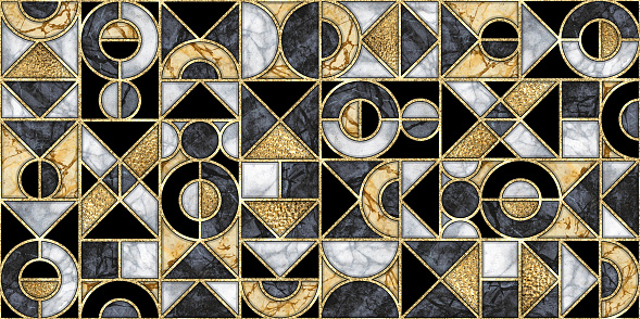 abstract seamless pattern, modern background, geometric mosaic tile with assorted black and white marble textures and gold, creative marbling, fashionable repeating wallpaper