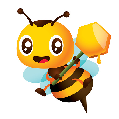 Cartoon cute winking eye bee with two hands holding honey comb shaped signage. Honey dripping from honey comb illustration