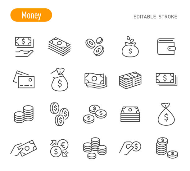 머니 아이콘 - 라인 시리즈 - 편집 가능한 스트로크 - 지폐 통화 stock illustrations