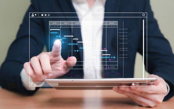 istock Business people with suit using digital tablet to access into data and dashboard that show implementation and working timeline of product launch or business strategy and planning. 1453620896