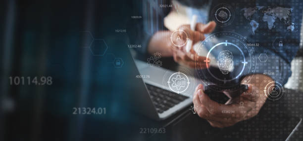 istock Businessman using mobile phone and identity face scanning to unlock, access to business data network. Biometric identification, cyber security protect business data, digital facial recognition system 1453621999