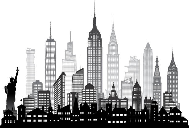 illustrazioni stock, clip art, cartoni animati e icone di tendenza di skyline di new york incredibilmente dettagliato (tutti gli edifici sono mobili e completi) - new york city panoramic statue of liberty skyline