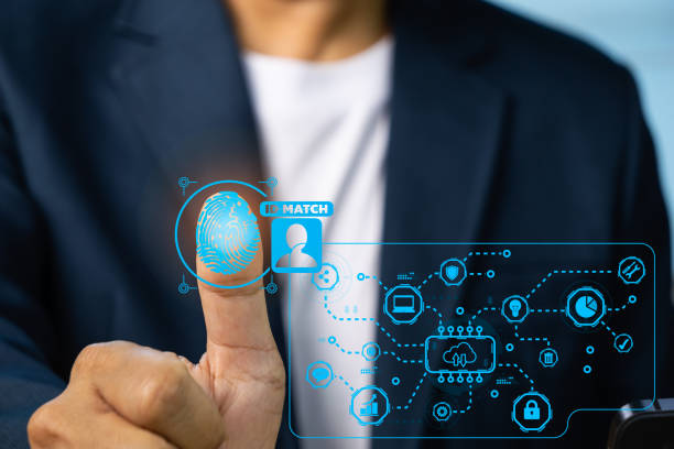 istock Employees who scan fingerprints show ID match to log in to security and information systems in cloud computers, business idea concept. 1453625924