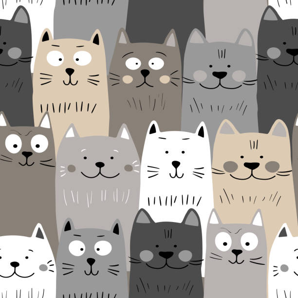 Seamless pattern with cute kitten print. Different scandy cats on color background. Scandinavian style illustration for kids. Vector illustration for fabric, textile, wallpaper, home clothing, pajama Seamless pattern with cute kitten print. Different scandy cats on color background. Scandinavian style illustration for kids. Vector illustration for fabric, textile, wallpaper, home clothing, pajama. kitten wallpaper stock illustrations