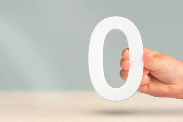 Numeral zero in hand. A hand holds a white number zero on a blurred background with copy space. Zero concept, 0 percent interest rate, minimum air emissions, cost or credit no increase.