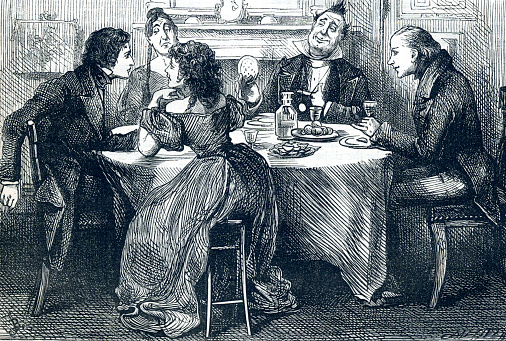 Thomas Pinch and Mr Pecksniff seated at a table with other characters from the novel. 

Original illustrations from Martin Chuzzlewit by Charles Dickens