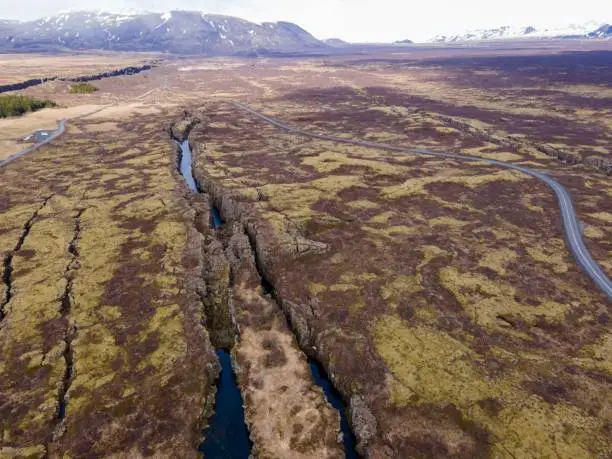 Photo of Aerial drone shot of the fault line in Thingvellir, Iceland