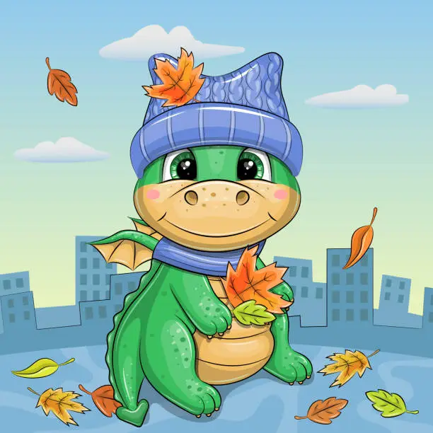 Vector illustration of Cute cartoon green dragon in a hat and scarf with autumn leaves.