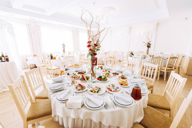 istock wedding reception. table set awaiting guests. food and drinks 1453634192