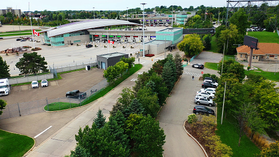 An aerial view of customs at border, Fort Erie, Ontario, Canada. The Peace Bridge is one of the busiest border crossings between the two countries.