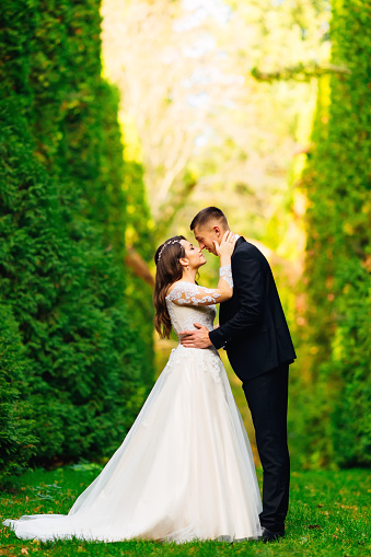 newlyweds standing face to face and hug in the park