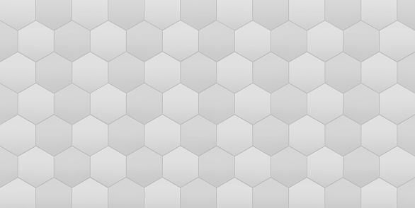 White abstract background with hexagons. Honeycomb Grid tile Horizontal Background. Modern design for wallpaper, poster, Stock. Hexagonal cell texture in white and gray or grey color. Space for text.