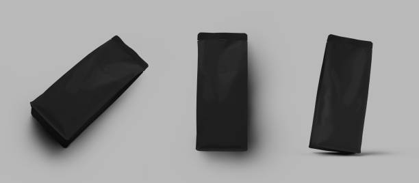 istock Black coffee pouch mockup, gusset packaging with degassing valve, isolated on background. Set 1453634439