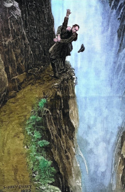 Sherlock Holmes struggles with Edmund Moriarty at Reichenbach falls from The Final Problem original illustration 1893 Sherlock Holmes, a fictional detective created by British author Arthur Conan Doyle. 

A "consulting detective" Holmes is known for his observation, deduction, forensic science and logical reasoning.

Colourised by uploader sherlock holmes icon stock illustrations