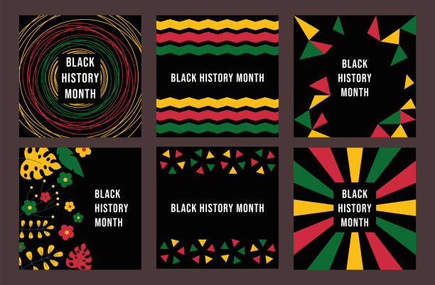 african-americans black history month. abstract geometric black, red, yellow, green color backgrounds. african-american celebration. set, collection of cards - 美國黑人歷史 幅插畫檔、美工圖案、卡通及圖標