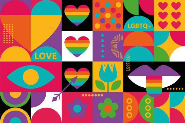 rainbow background with hearts. lgbt+ pride design. rainbow community pride month. love, freedom, support, peace. poster with lgbt rainbow flag, heart and love. colorful social media post template - lgbtq 幅插畫檔、美工圖案、卡通及圖標