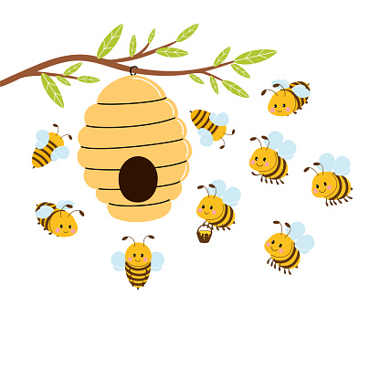 Honey hive with cute bees hanging on a branch. Vector illustration isolated on white background.