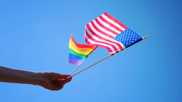 istock Holding rainbow flag. Pride in America. 1453636220