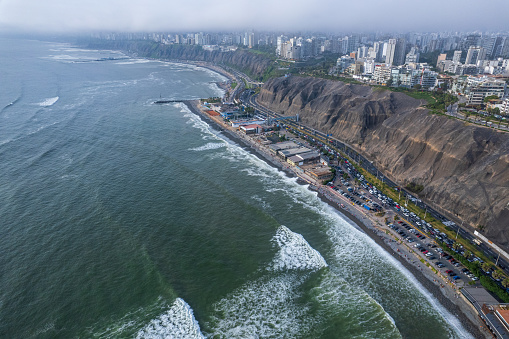 Aerial view of the beaches of the city of Lima on the Costa Verde. Peru